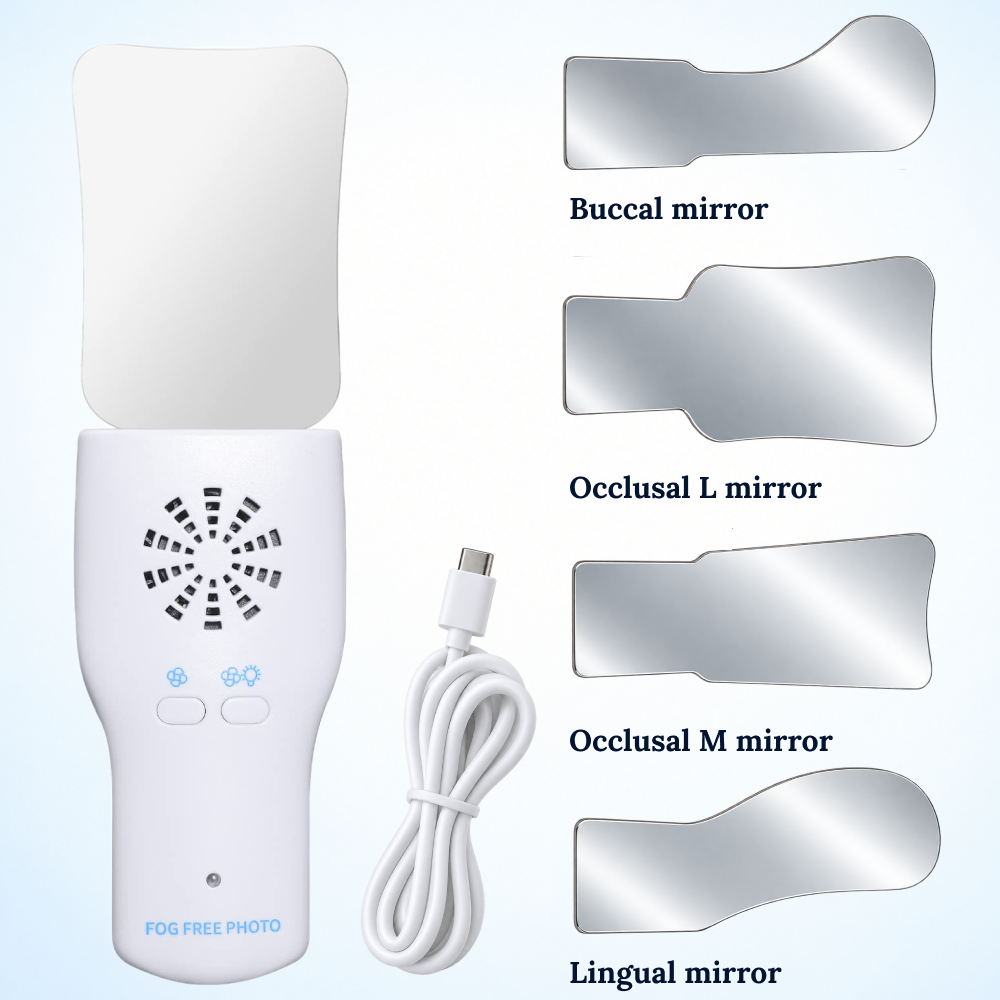 Anti-Fog Dental Photography Mirror with Electric Fan — Clears Fog in 5 Seconds, LED Light, 4 Interchangeable Mirrors