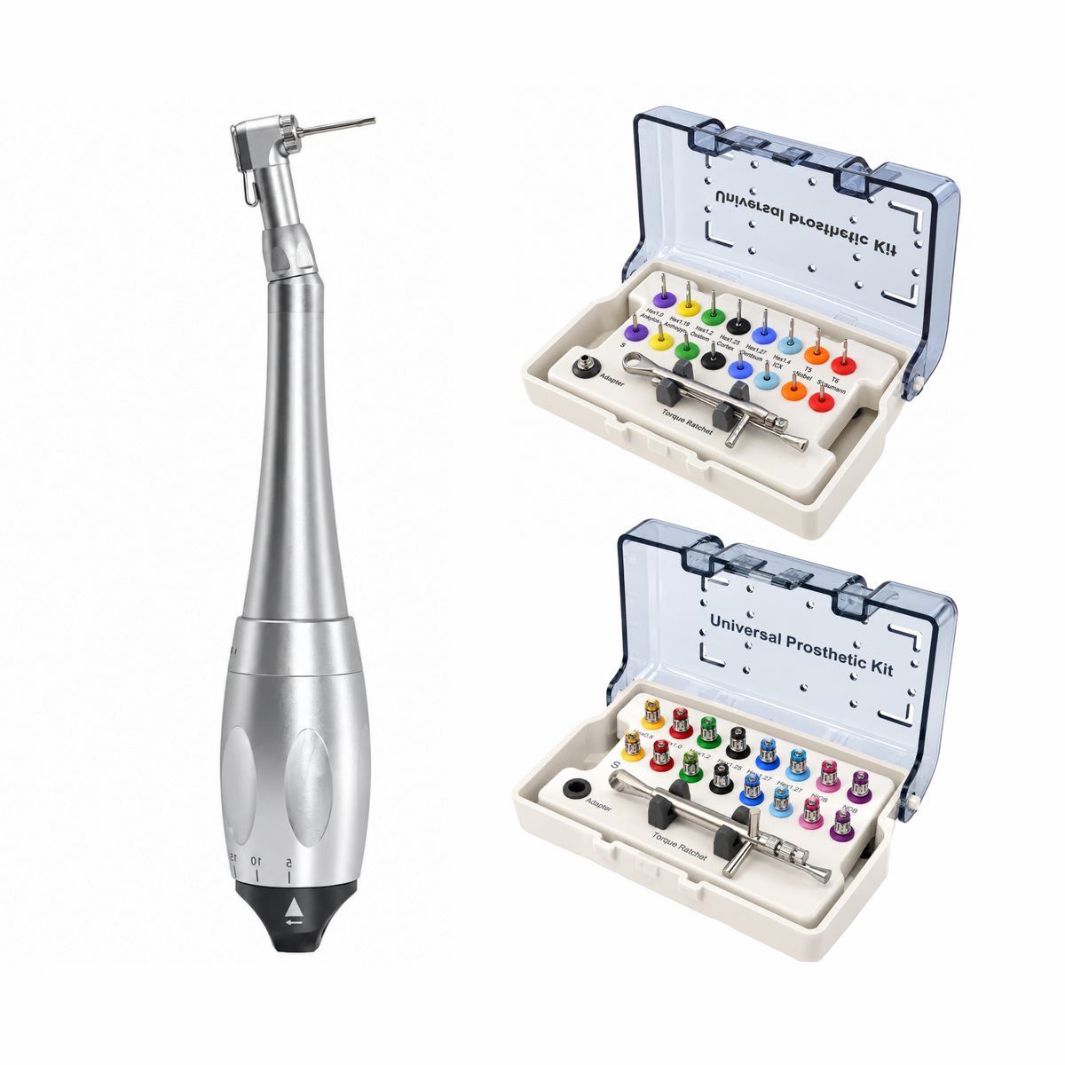 Dental Implant Prosthetic and Screw Removal Kit — 16 Drivers, 10-70 N·cm Ratchet, Contra-Angle Wrench with Adjustable Head
