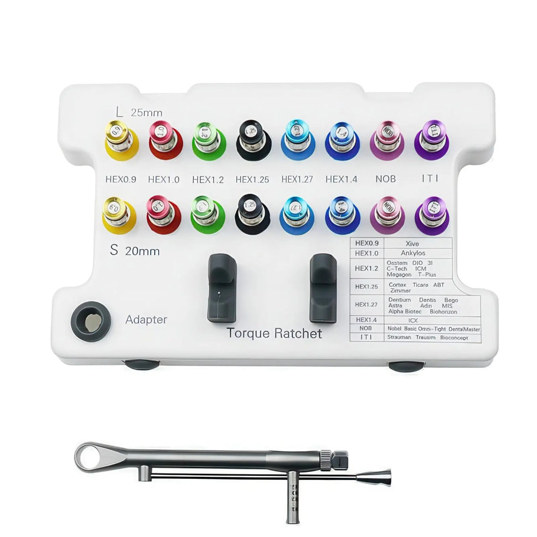 Dental Implant Prosthetic and Screw Removal Kit — 16 Drivers, 10-70 N·cm Ratchet, Contra-Angle Wrench with Adjustable Head