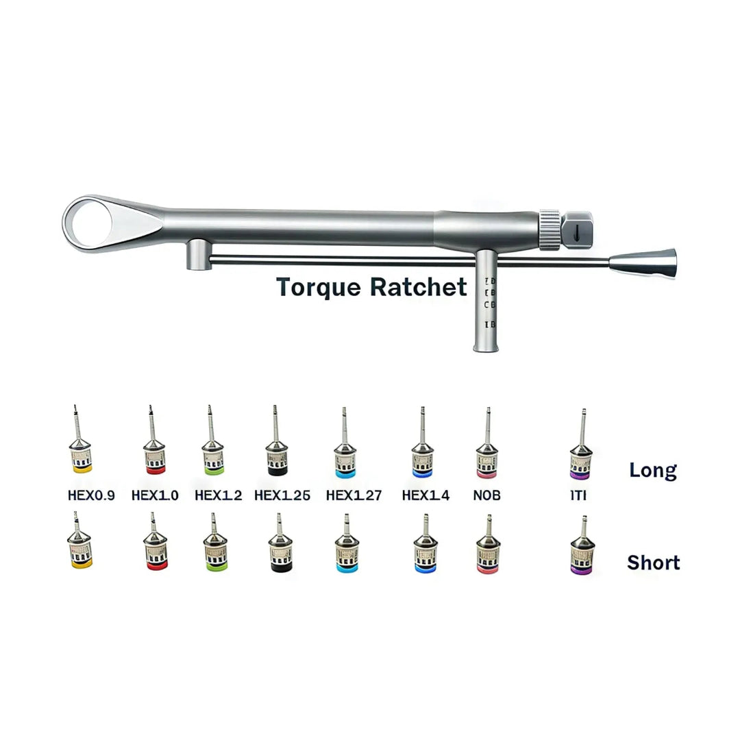 Dental Implant Prosthetic and Screw Removal Kit — 16 Drivers, 10-70 N·cm Ratchet, Contra-Angle Wrench with Adjustable Head