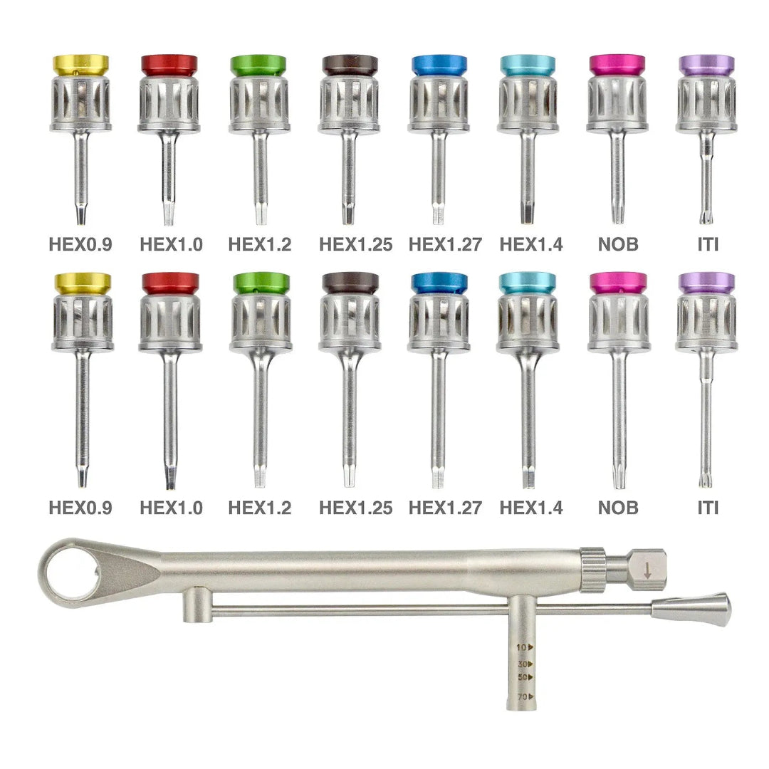 Dental Implant Prosthetic and Screw Removal Kit — 16 Drivers, 10-70 N·cm Ratchet, Contra-Angle Wrench with Adjustable Head