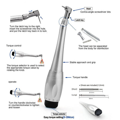 Dental Implant Prosthetic and Screw Removal Kit — 16 Drivers, 10-70 N·cm Ratchet, Contra-Angle Wrench with Adjustable Head