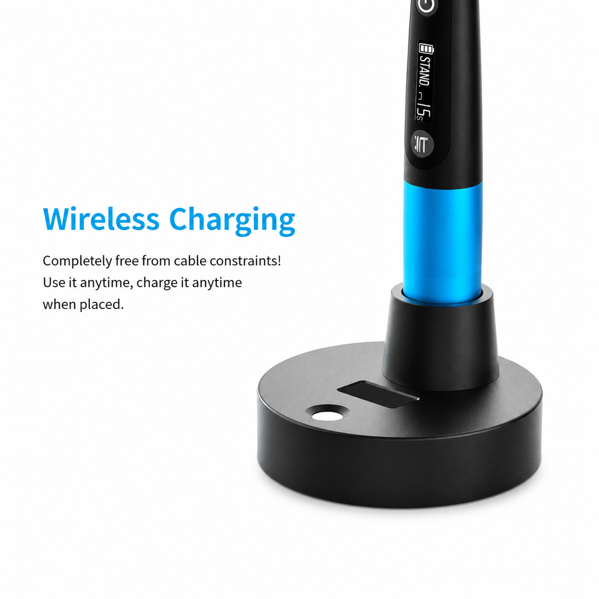 i-Light Pro dental curing light charging wirelessly on its base, no cables