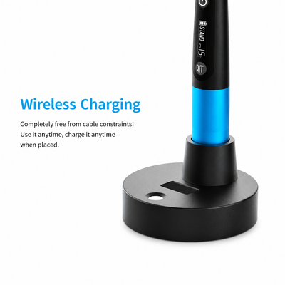 i-Light Pro dental curing light charging wirelessly on its base, no cables