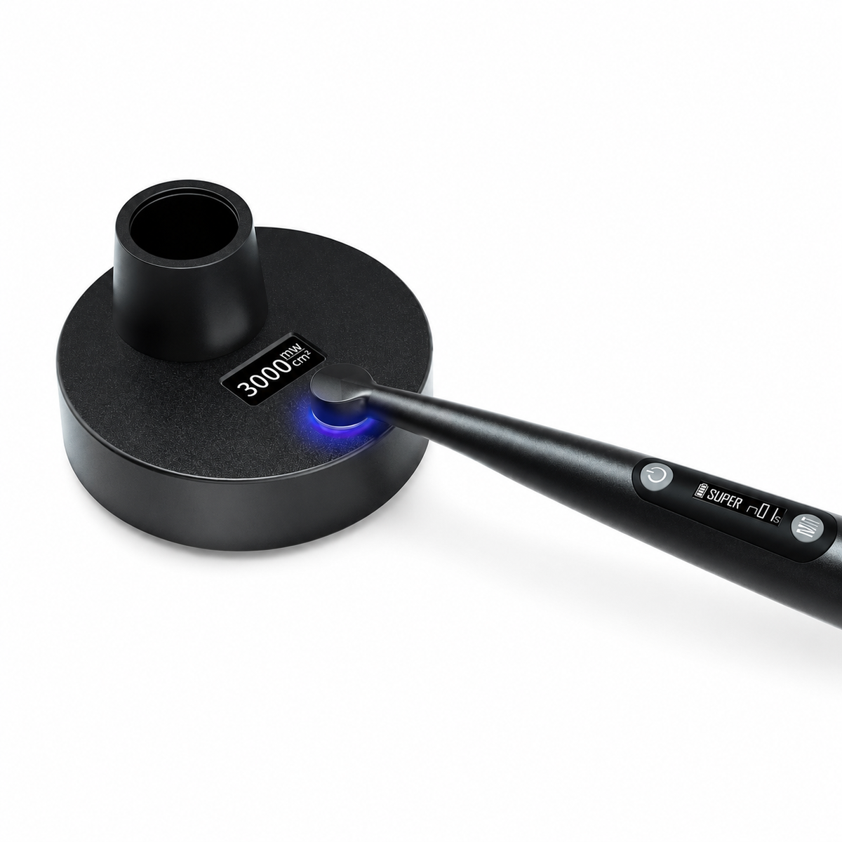 Charging base display reading 3000 mW/cm2 while measuring the output of the i-Light Pro curing light tip